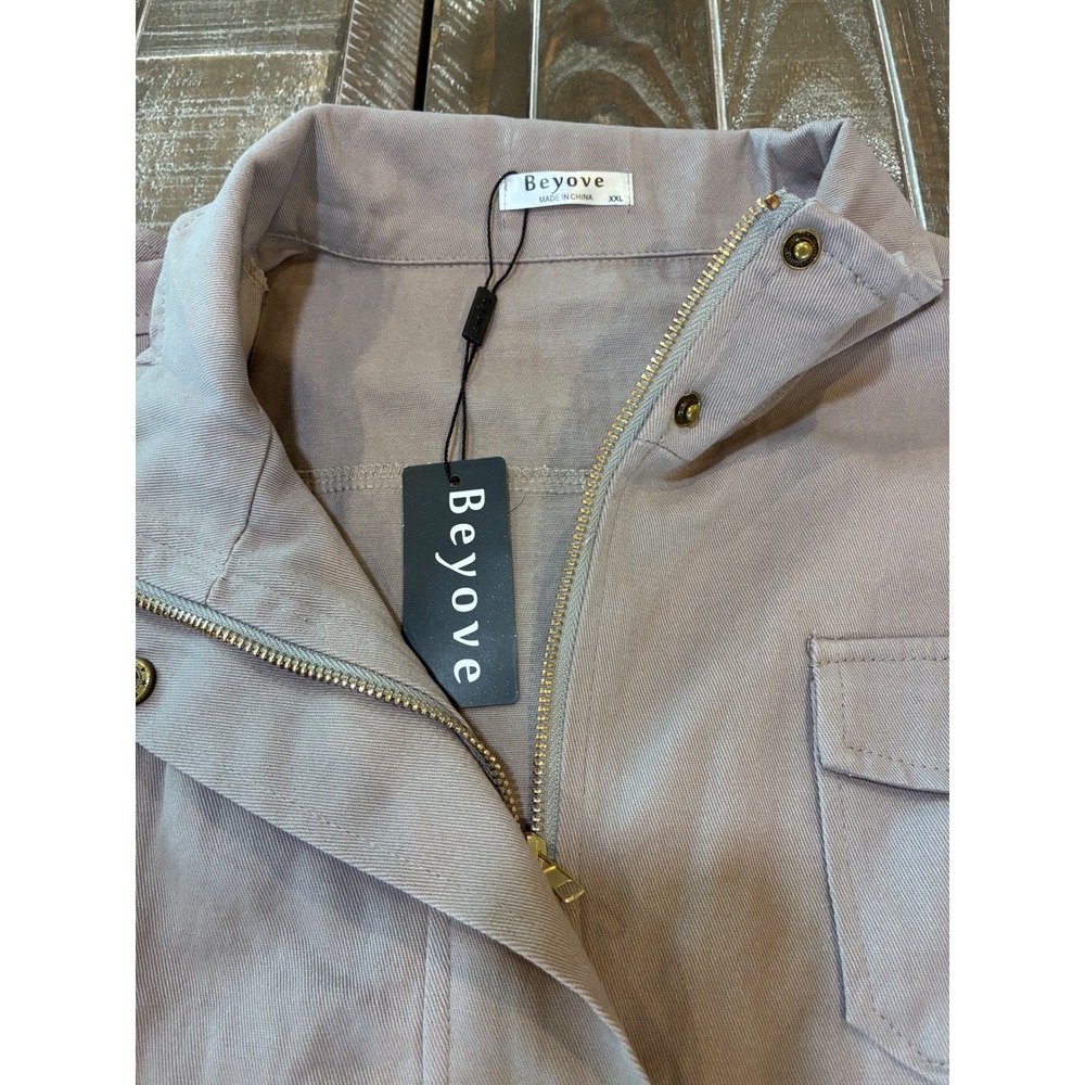 Beyove Womens Utility Vest Mauve Taupe XXL Full‎ Zip Drawstring Military Jacket